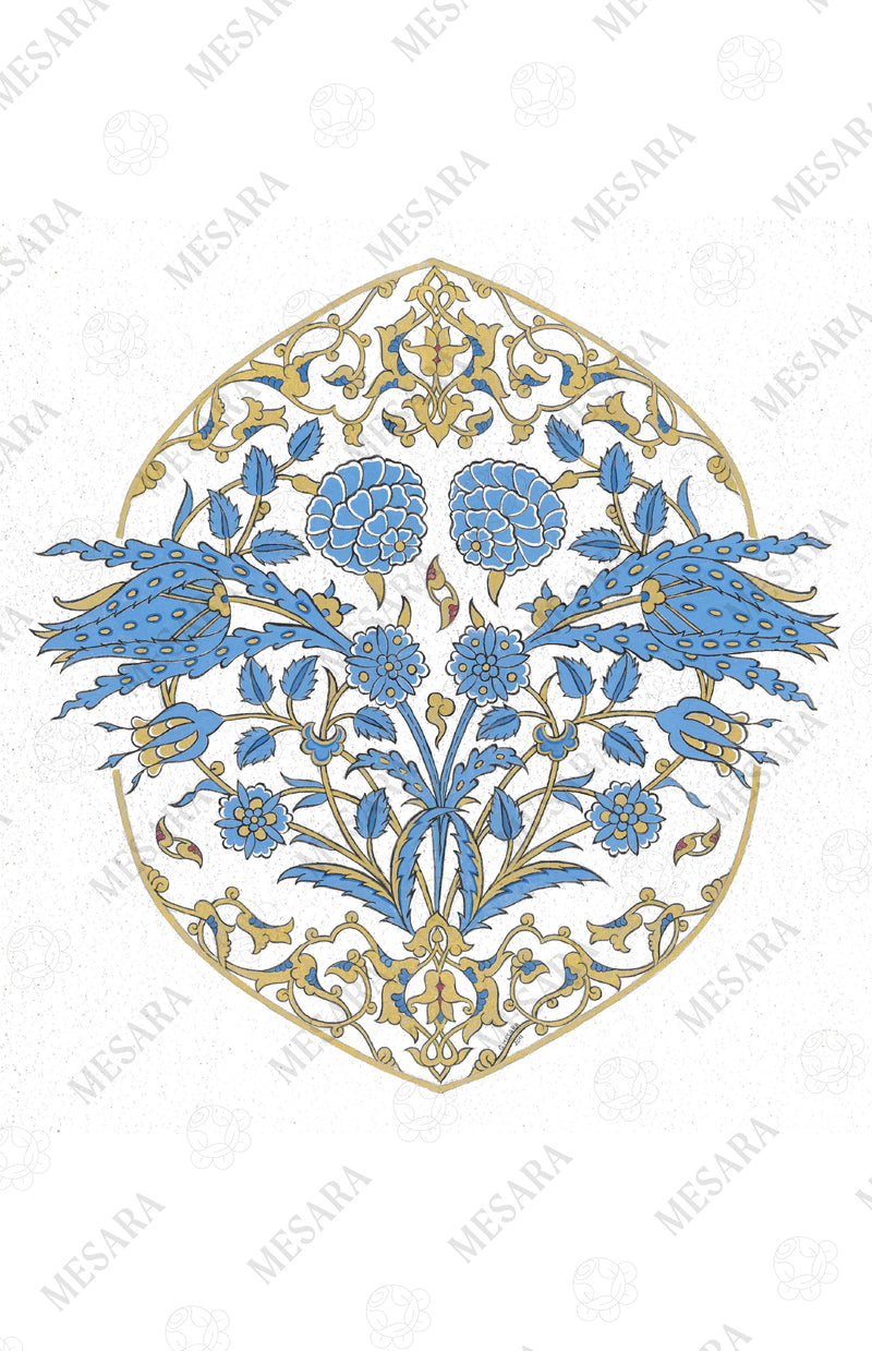 A Turkish tile design with tulips, rosed and traditional tezhip designs